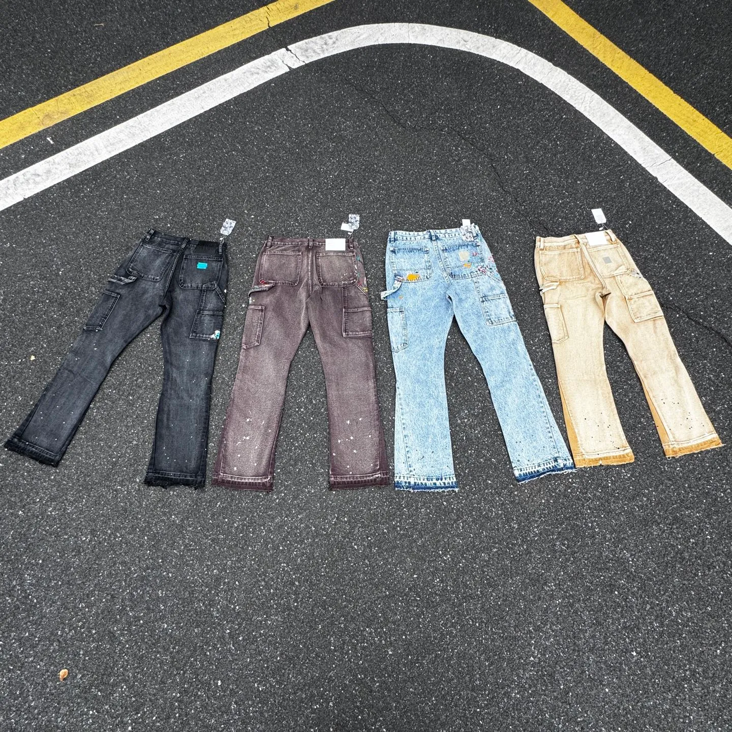 P250 (G95 black) (G90 burgundy) (G94 blue) (G91 khaki) GALLERY DEPT. Spliced ​​patchwork splash-ink denim flared pants washed and distressed spliced ​​jeans logging micro-flared jeans men and women same style Code number: 28 30 32 34 36
